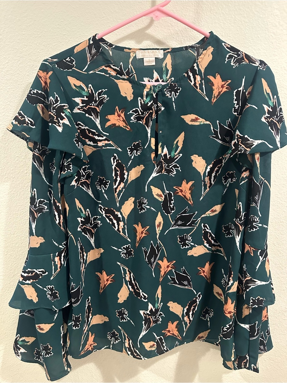 Finn & Grace Women’s Floral Ruffle Sleeve Blouse - Teal with Peach Print